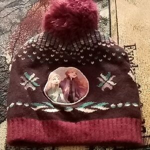 Frozen Themed Kids Beanie with Pom-Pom - Maroon and Pink